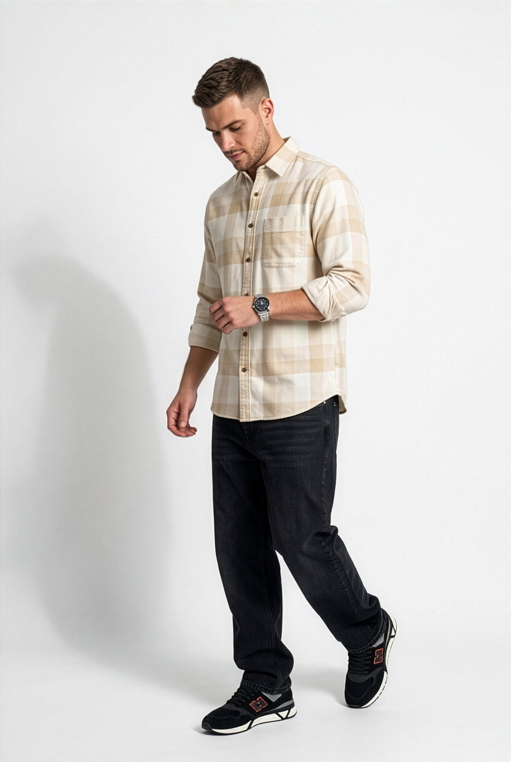 Alternate front view of men's cream and beige check flannel shirt