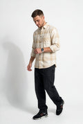 Alternate front view of men's cream and beige check flannel shirt