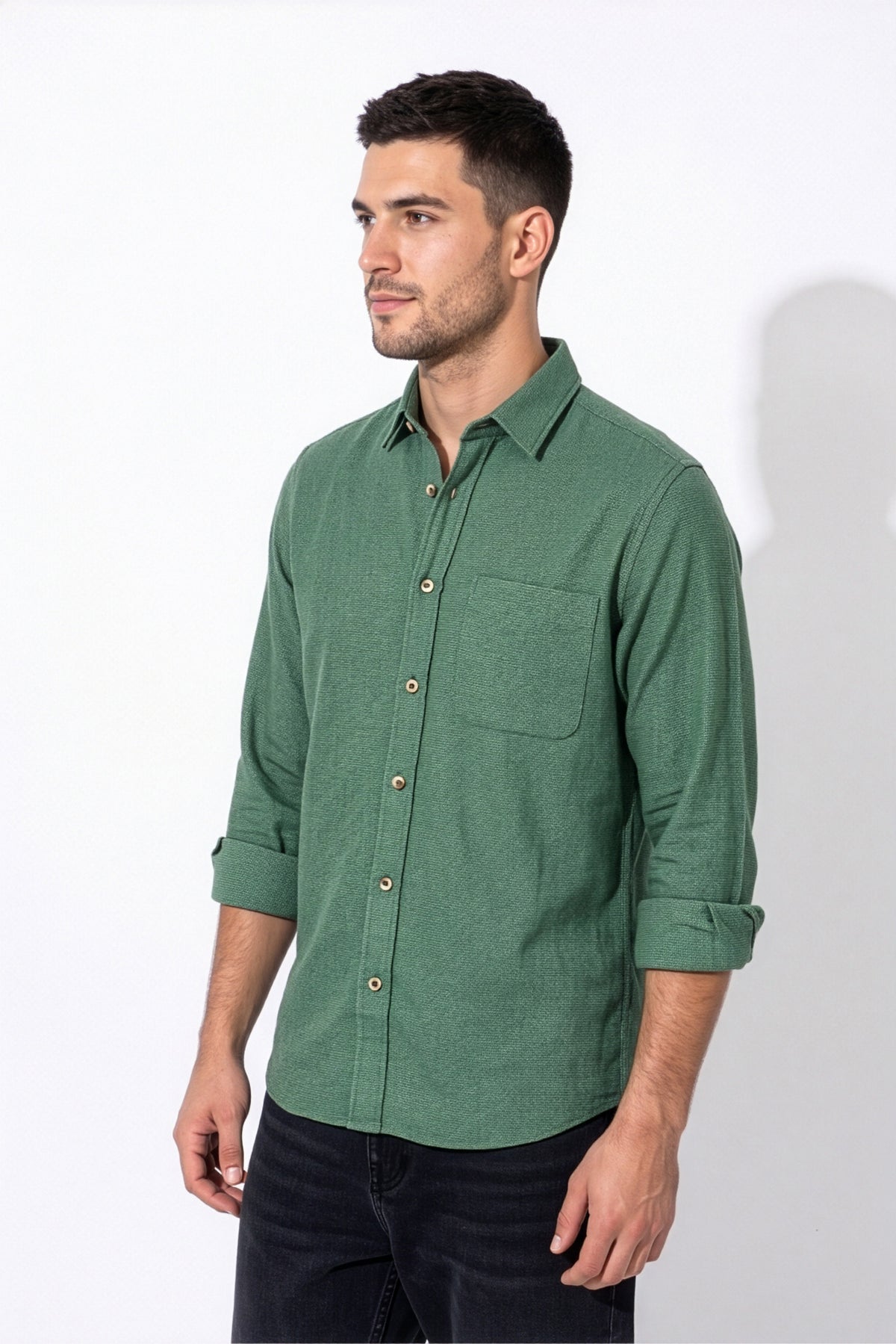 Three-quarter front view of men's green micro-check flannel shirt