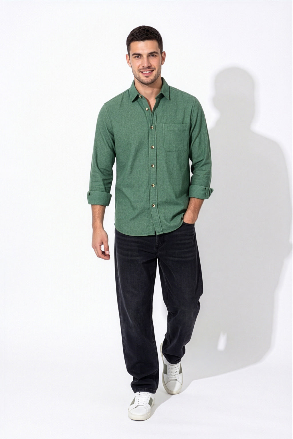 Full front view of men's green micro-check flannel shirt