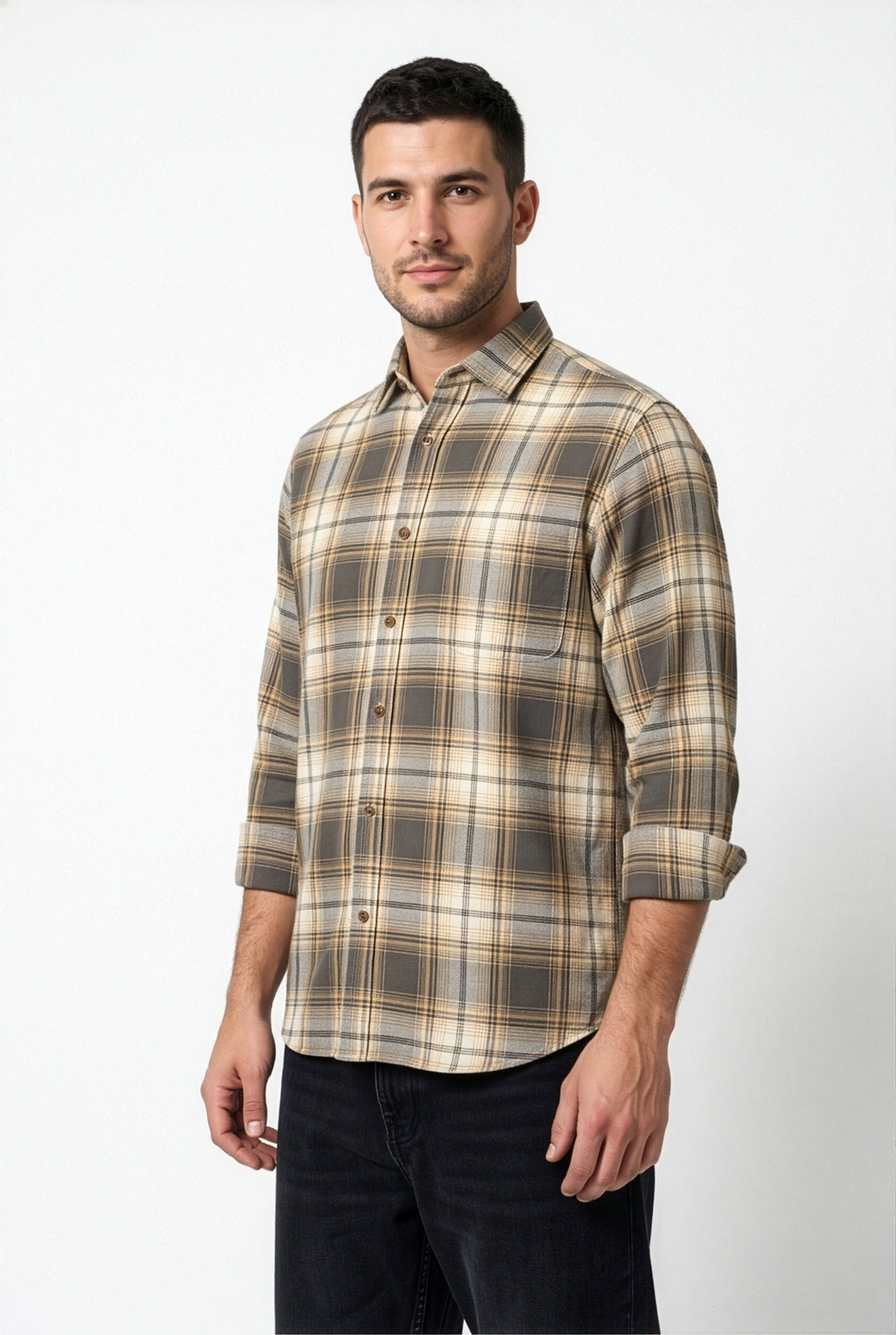 Three-quarter front view of men's grey and beige plaid flannel shirt