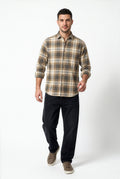 Full front view of men's grey and beige plaid flannel shirt