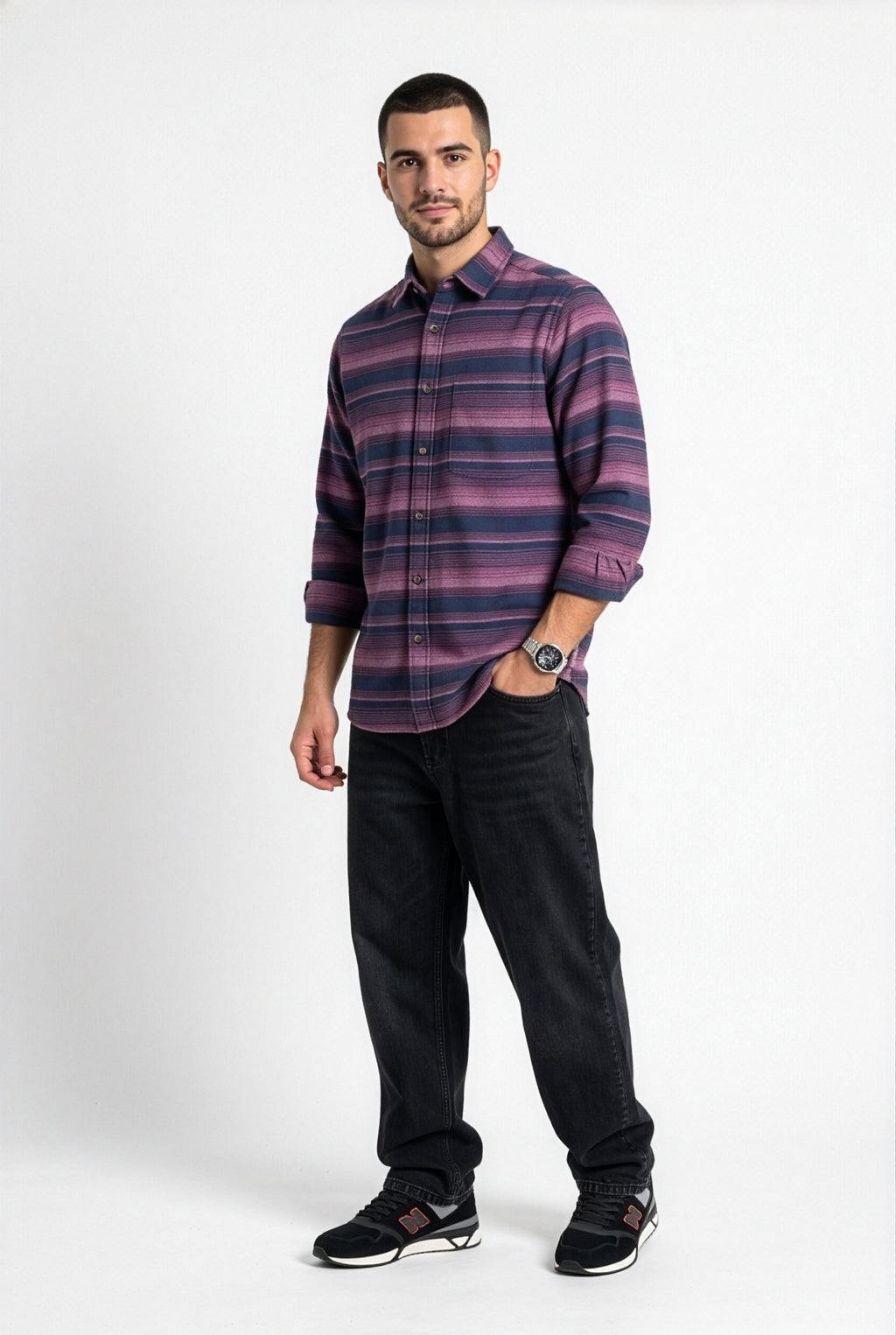 Front view of men's navy and purple striped flannel shirt