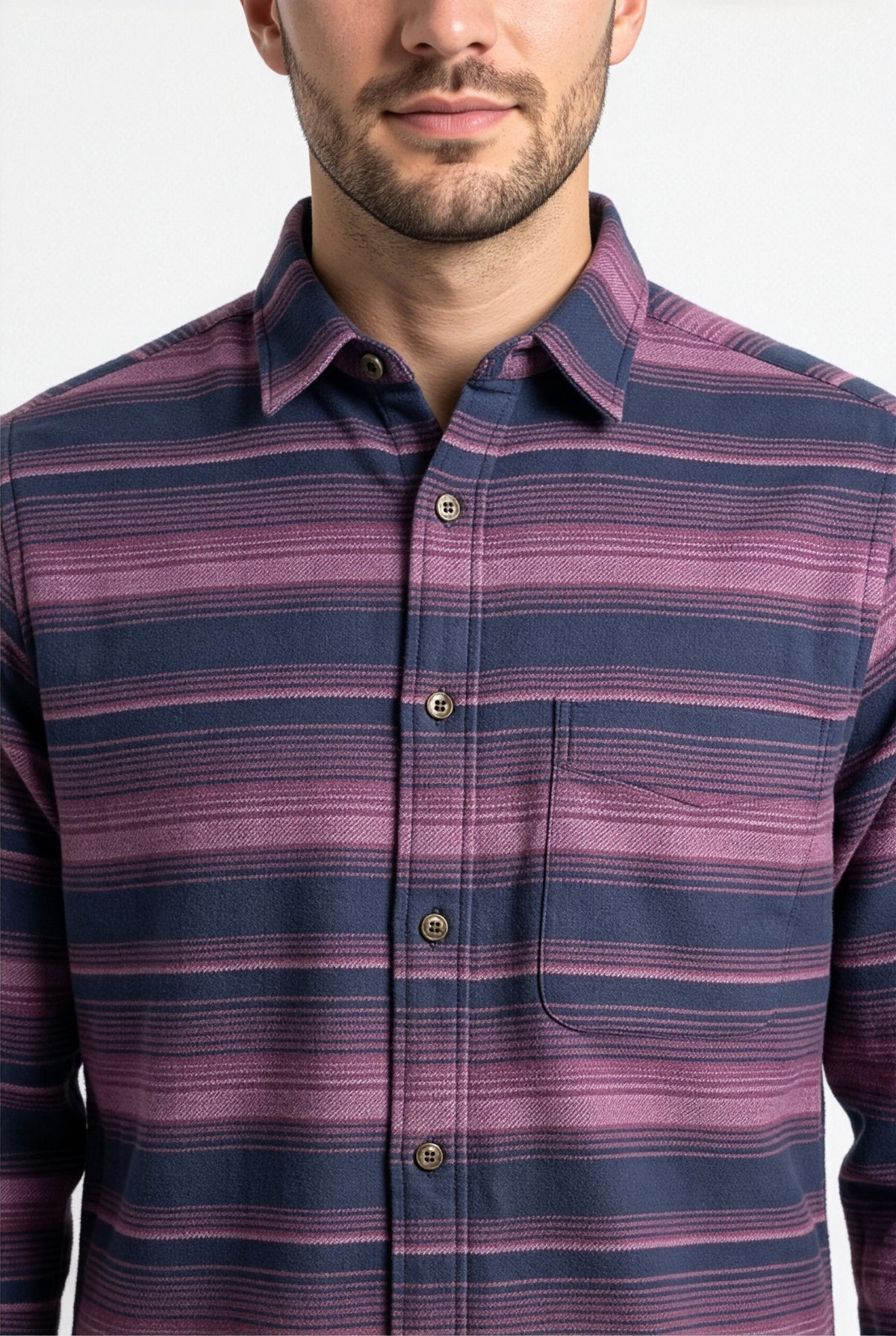 Collar and chest pocket detail of navy and purple striped flannel shirt