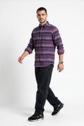 Alternate front view of men's navy and purple striped flannel shirt
