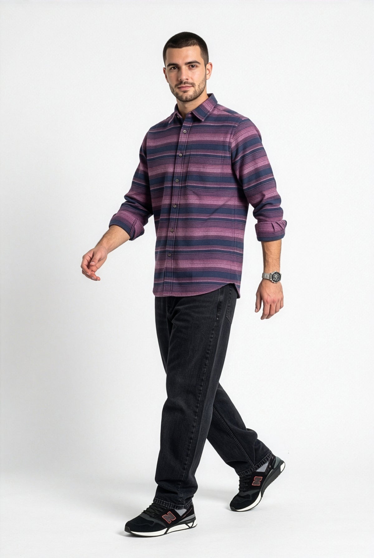 Alternate front view of men's navy and purple striped flannel shirt