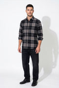 Full front view of men's black and grey plaid flannel shirt