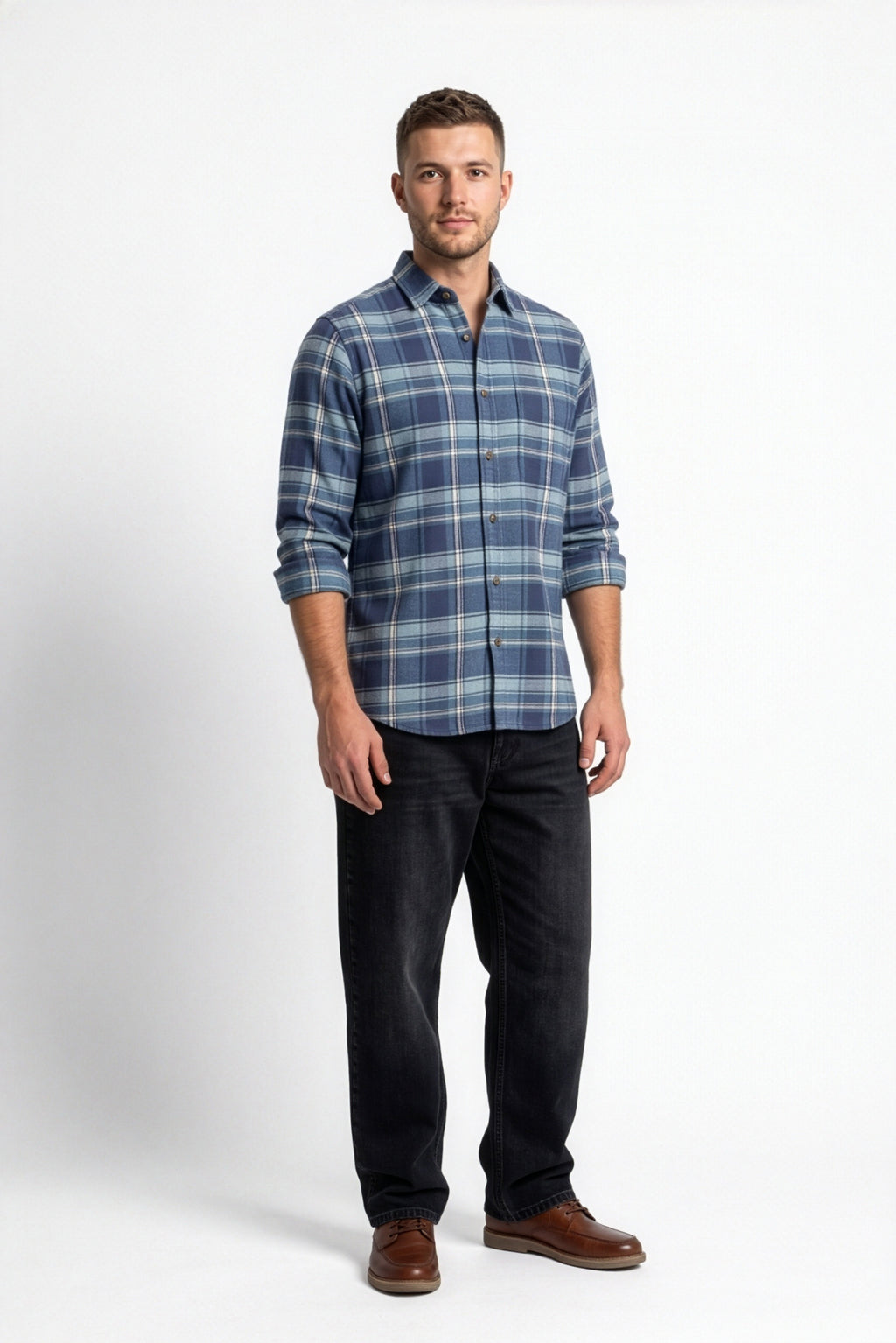 Front view of men's navy and light blue plaid flannel shirt