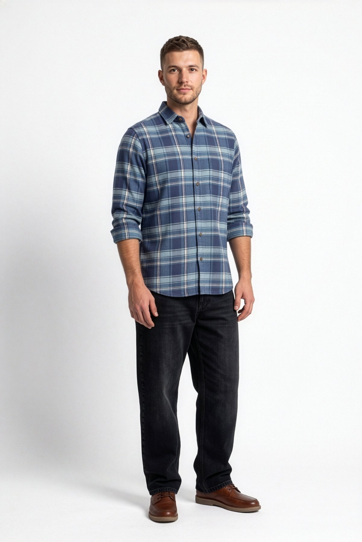 Front view of men's navy and light blue plaid flannel shirt