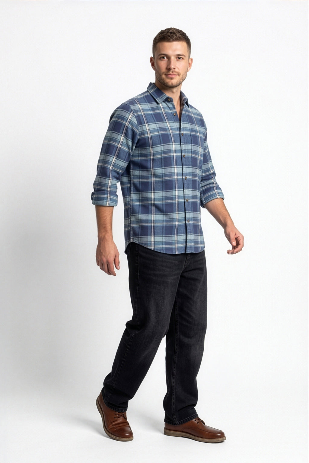 Alternate front view of men's navy and light blue plaid flannel shirt