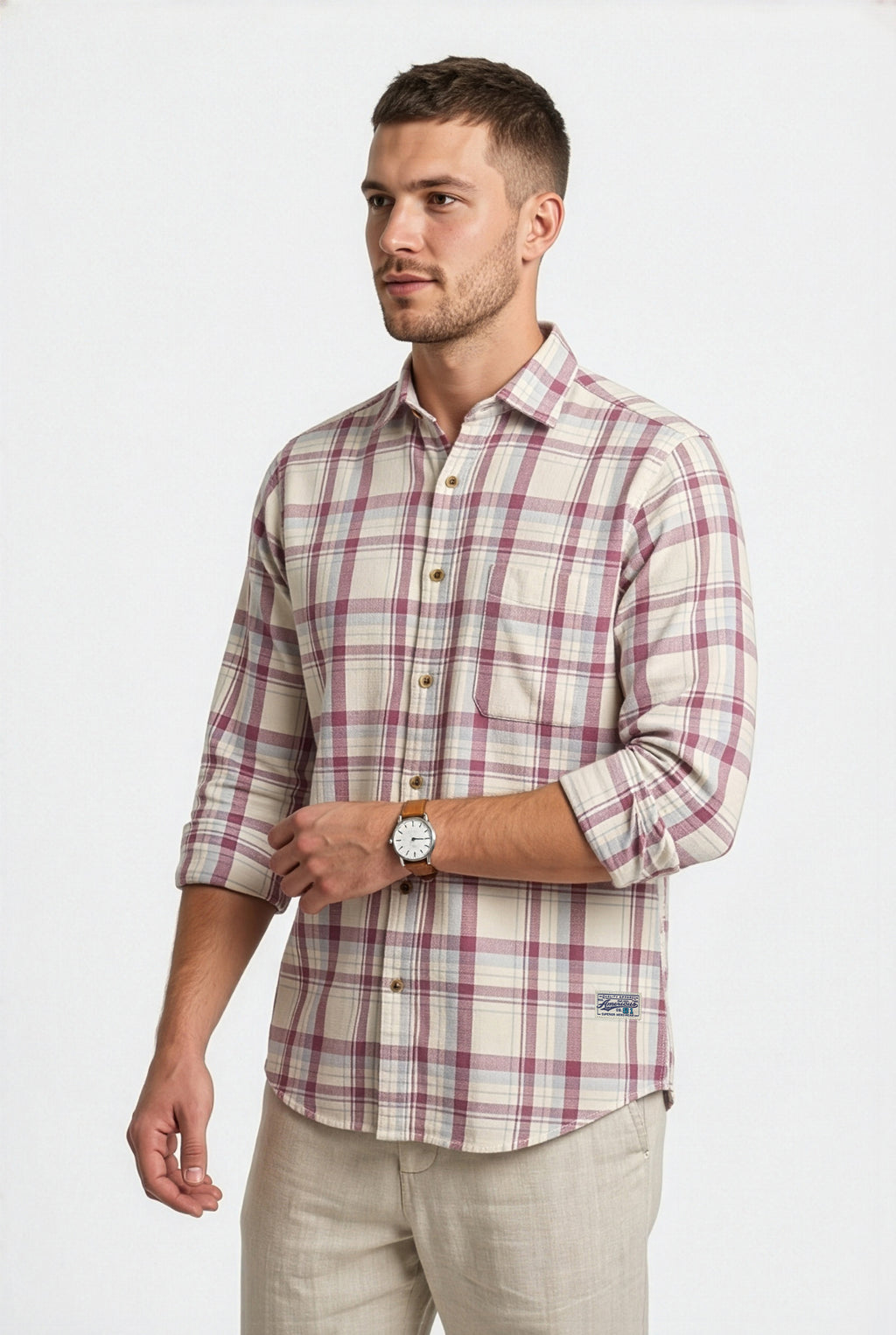 Full-length front view of cream and mauve plaid cotton dobby shirt