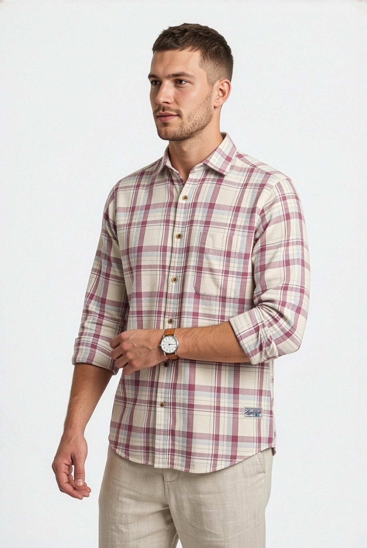 Full-length front view of cream and mauve plaid cotton dobby shirt