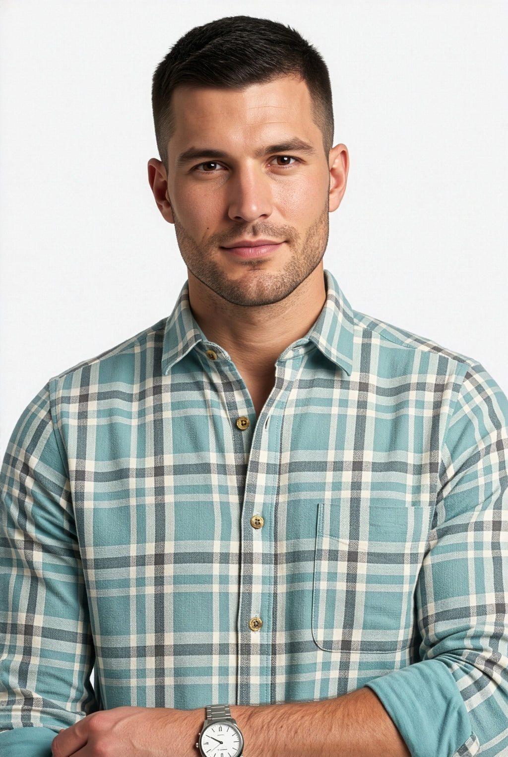 Collar and chest pocket detail of teal and grey plaid cotton dobby shirt