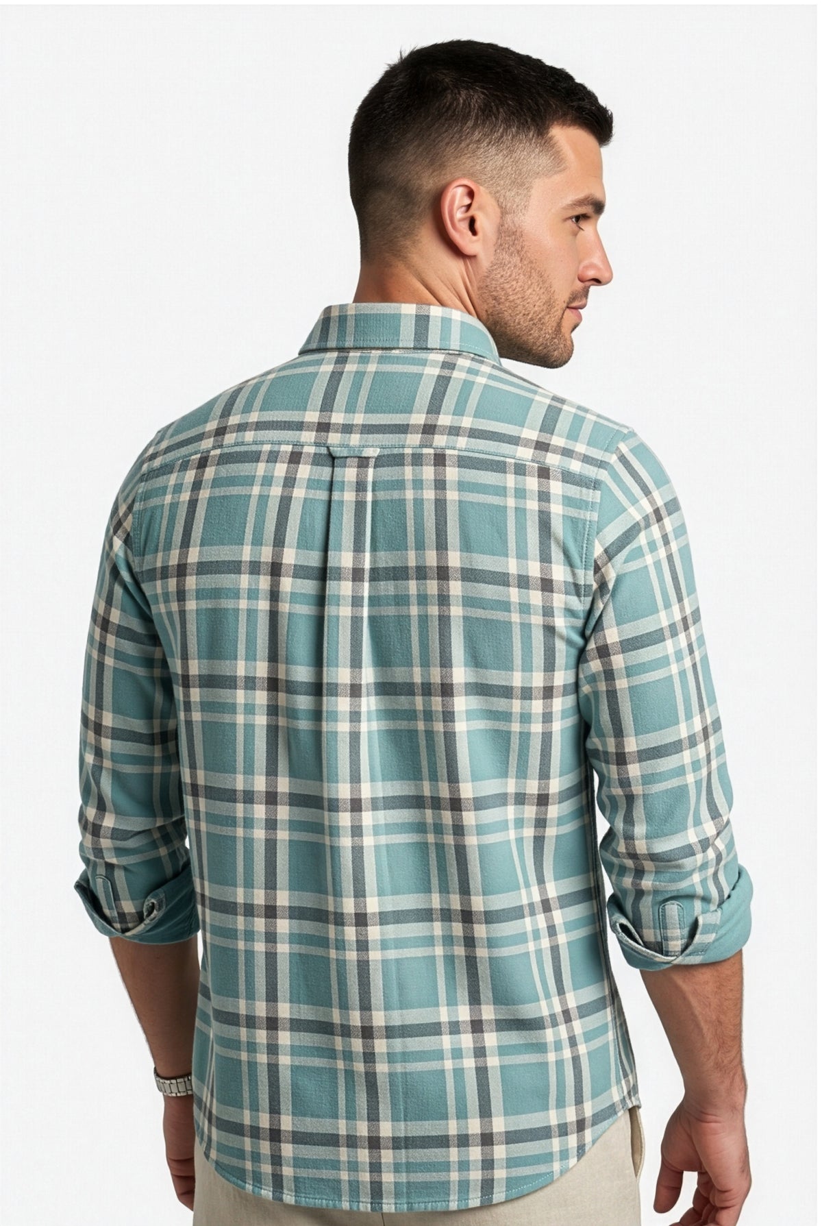 Back yoke and centre pleat detail of teal and grey plaid cotton dobby shirt