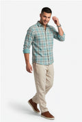 Alternate front view of men's teal and grey plaid cotton dobby shirt