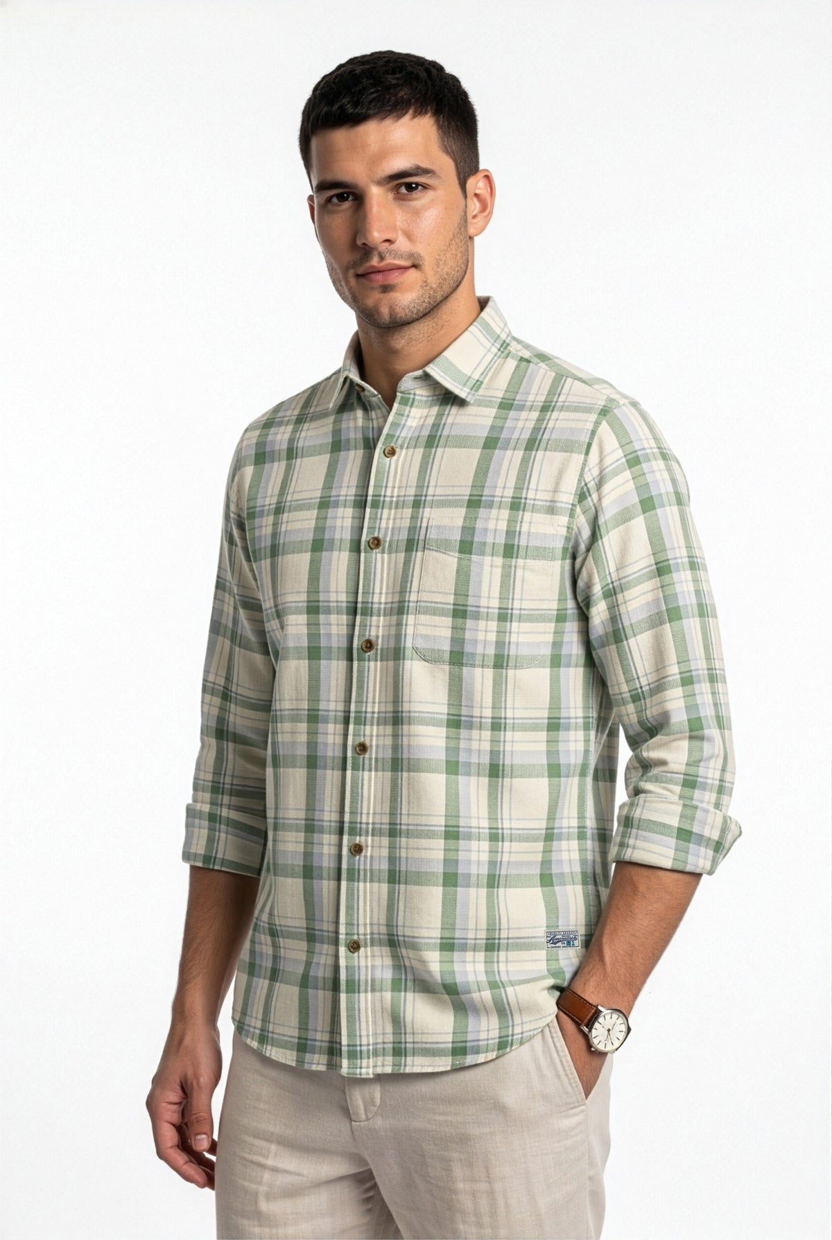 Full-length front view of cream and green plaid cotton dobby shirt