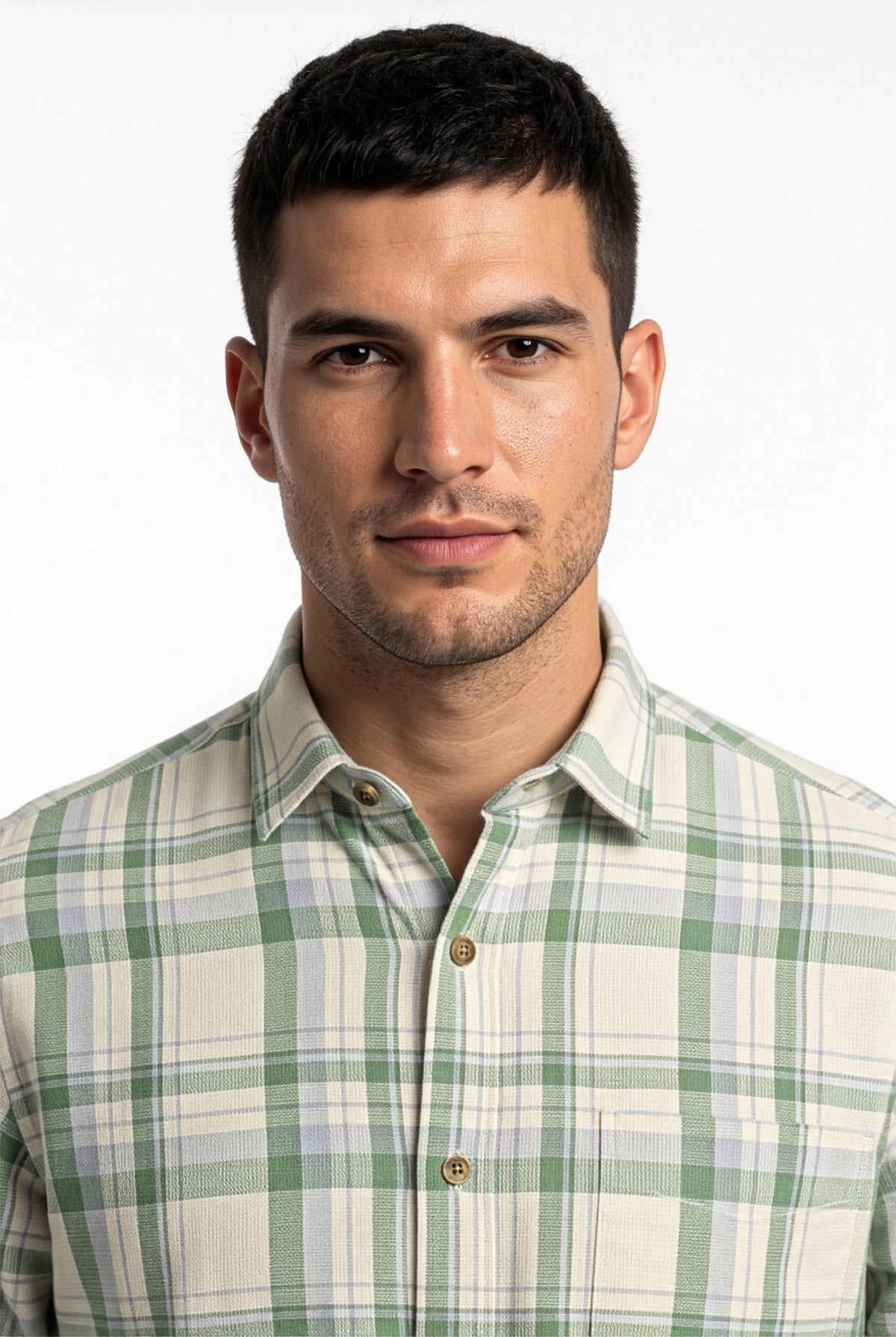 Collar and chest pocket detail of cream and green plaid cotton dobby shirt