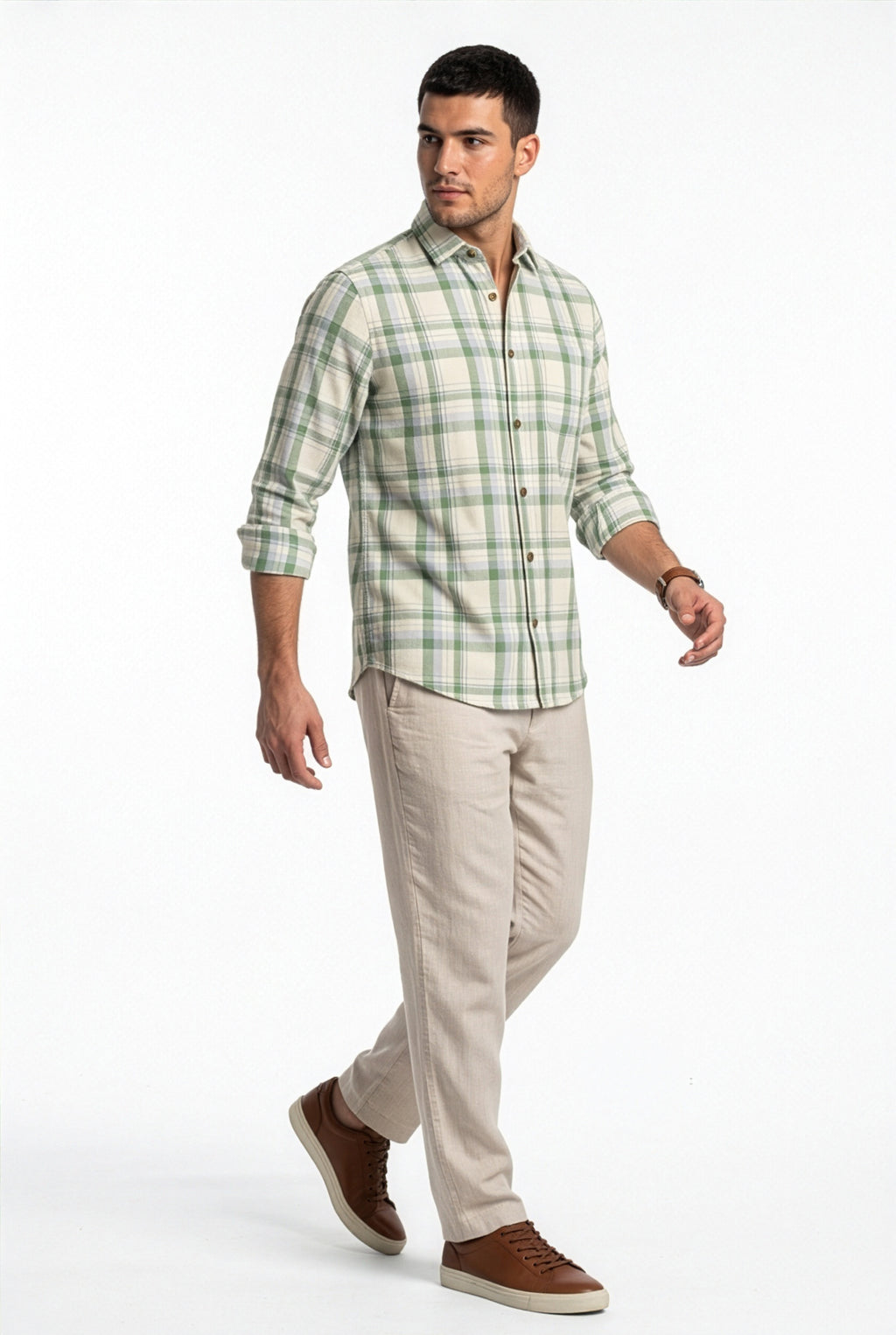 Three-quarter front view of men's cream and green plaid cotton dobby shirt