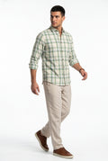 Three-quarter front view of men's cream and green plaid cotton dobby shirt