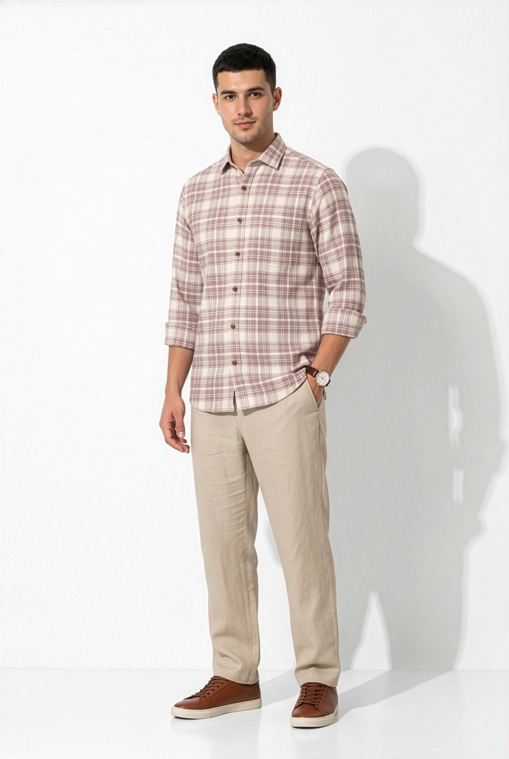 Full-length front view of men's taupe and cream plaid cotton dobby shirt