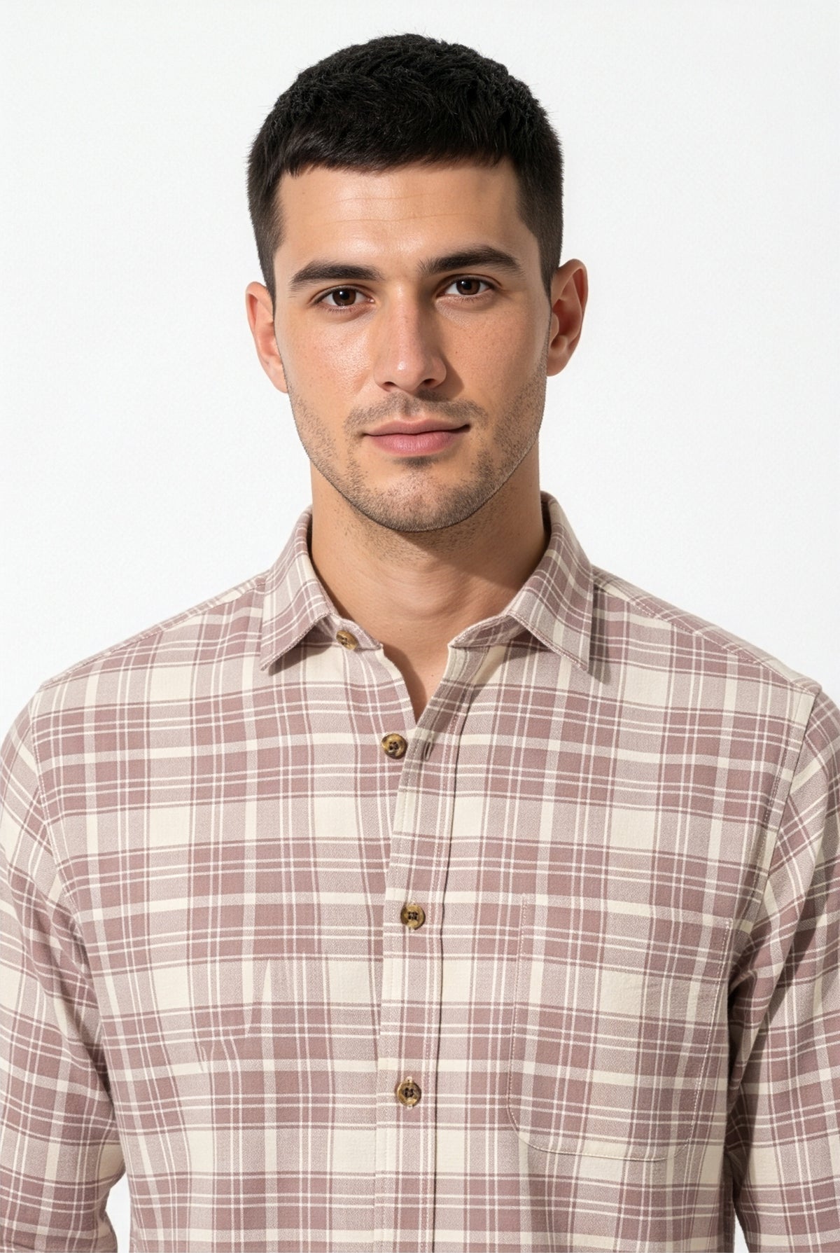Collar and chest pocket detail of taupe and cream plaid cotton dobby shirt