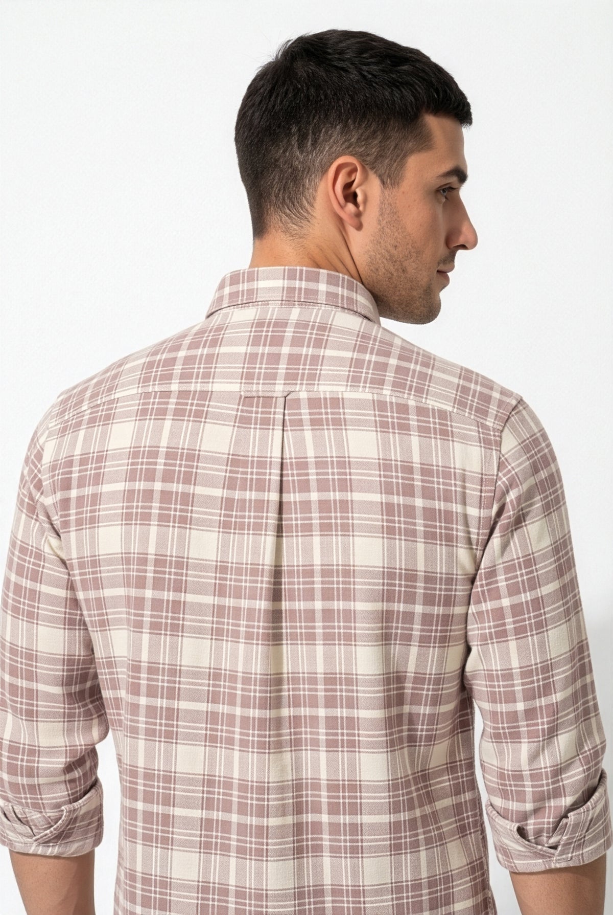 Back yoke and centre pleat detail of taupe and cream plaid cotton dobby shirt