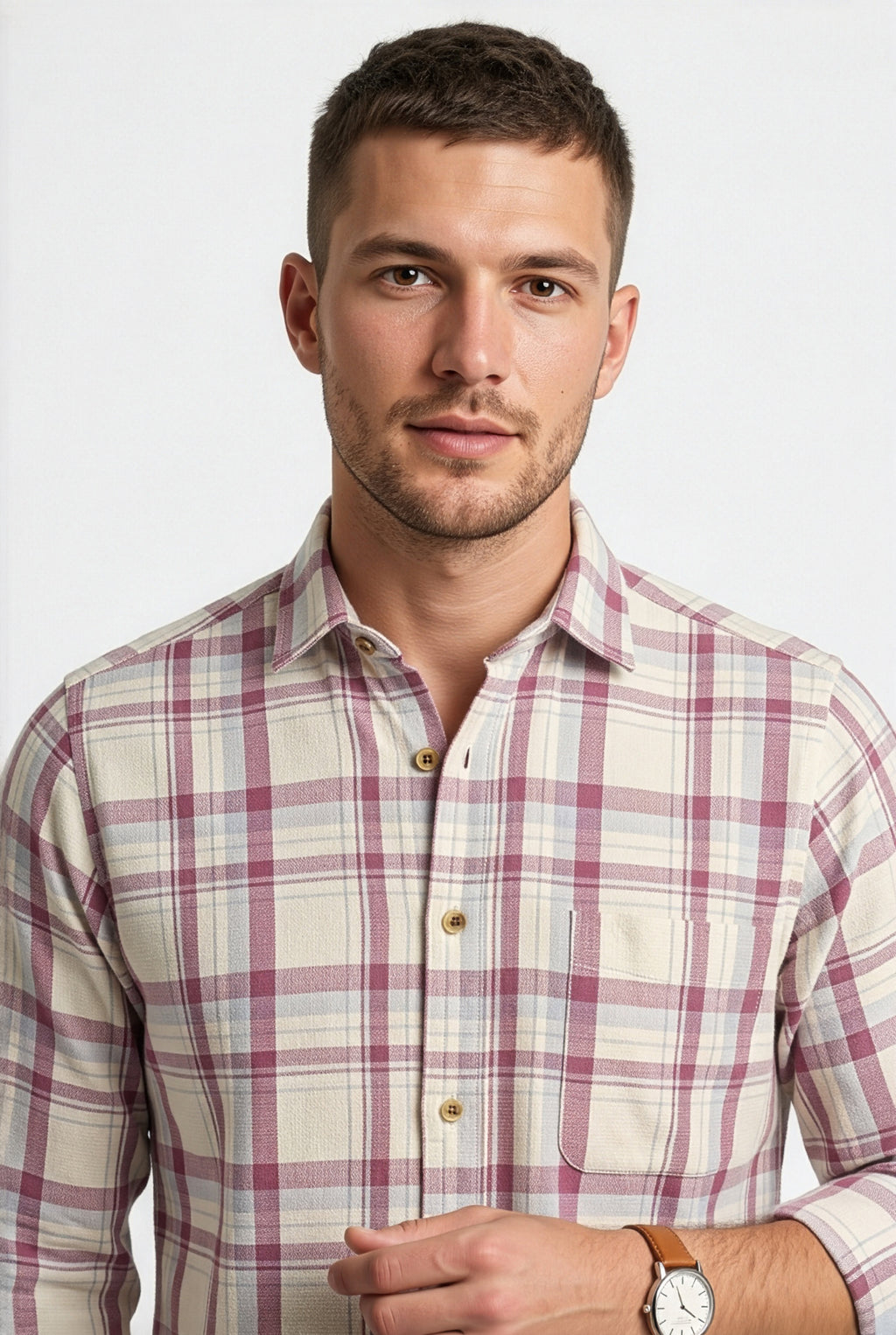 Collar and chest pocket detail of cream and mauve plaid cotton dobby shirt