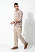 Alternate front view of men's taupe and cream plaid cotton dobby shirt
