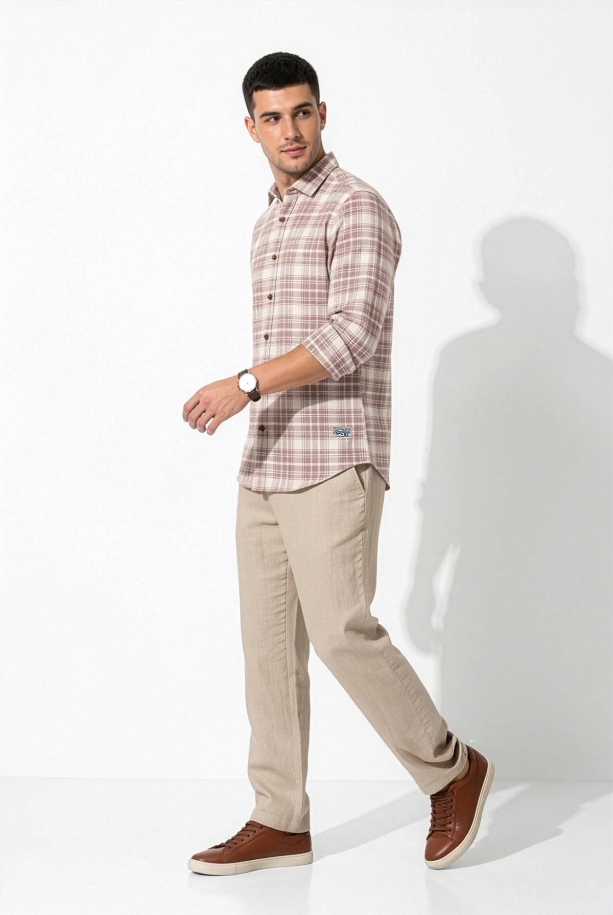 Alternate front view of men's taupe and cream plaid cotton dobby shirt