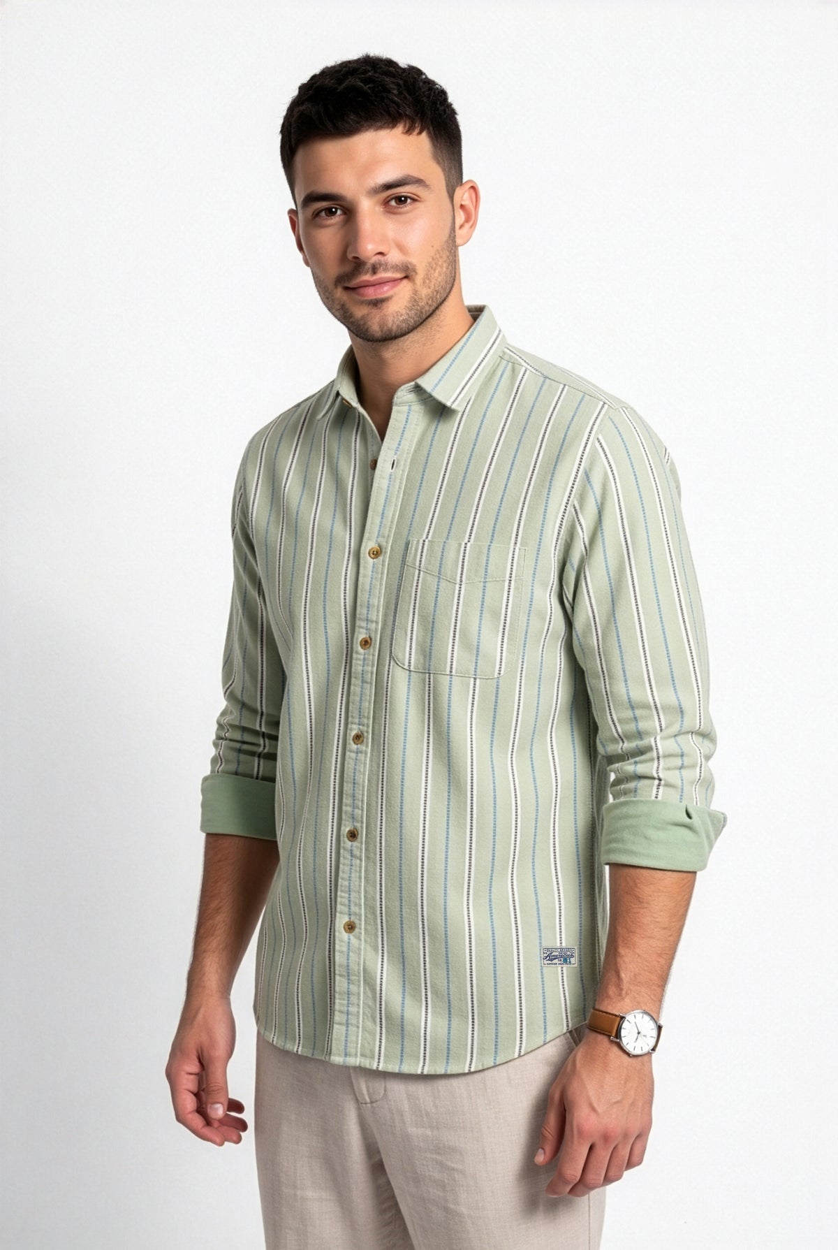 Full-length front view of sage green striped cotton dobby shirt