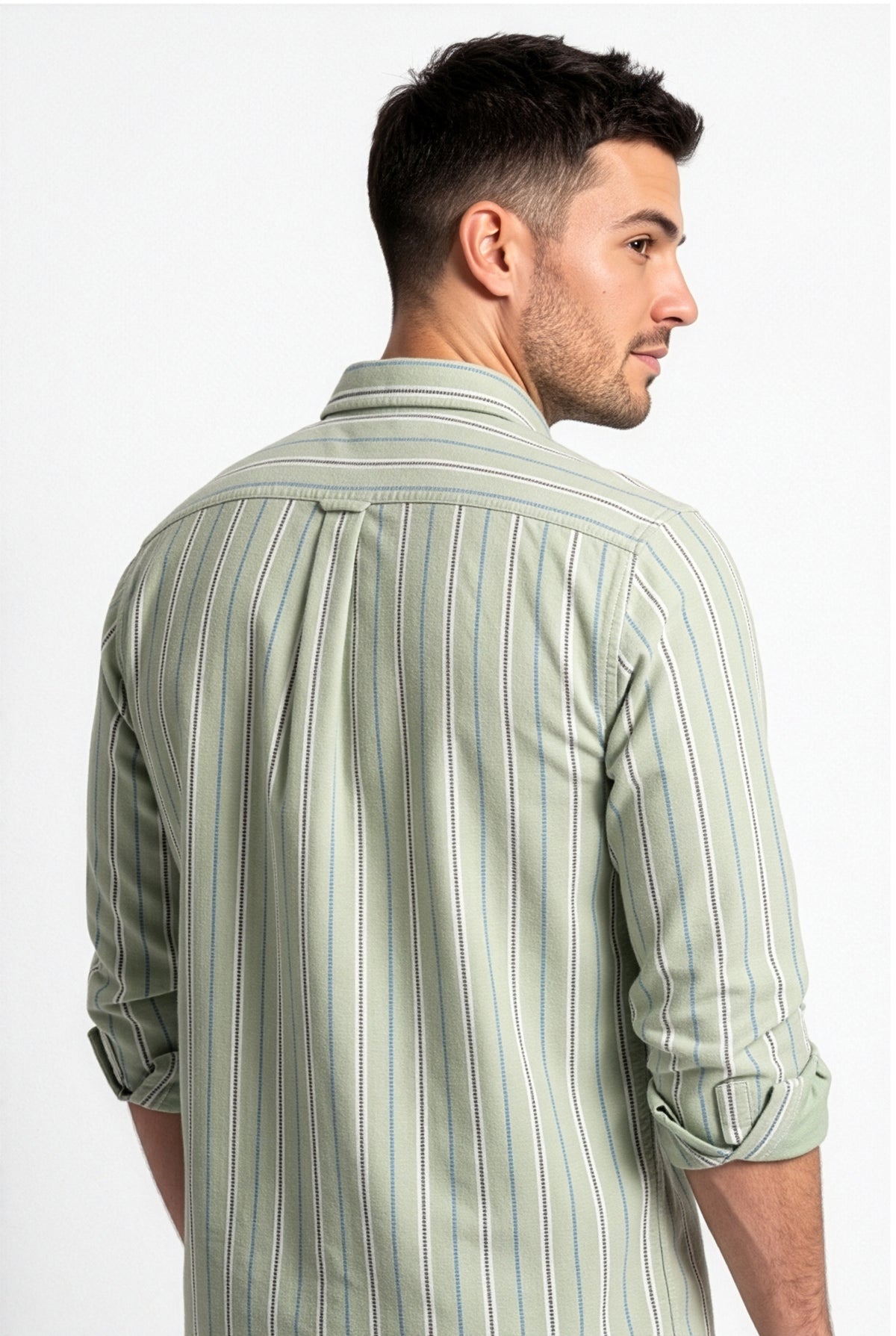 Back yoke and centre pleat detail of sage green striped cotton dobby shirt