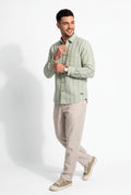 Three-quarter front view of men's sage green striped cotton dobby shirt