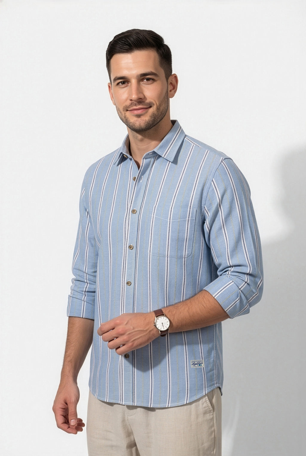 Full-length front view of light blue striped cotton dobby shirt