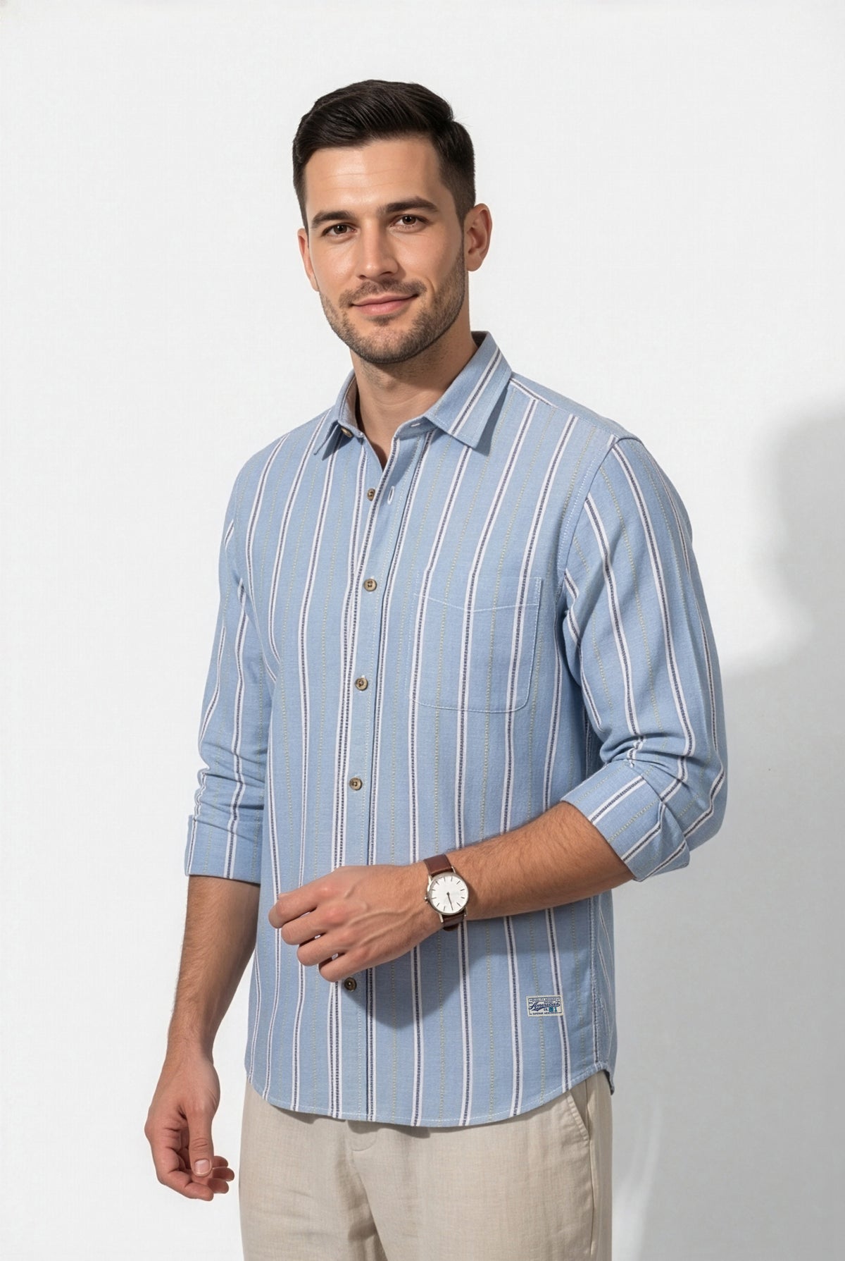 Full-length front view of light blue striped cotton dobby shirt