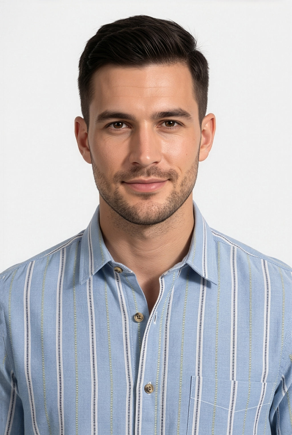 Collar and chest pocket detail of light blue striped cotton dobby shirt
