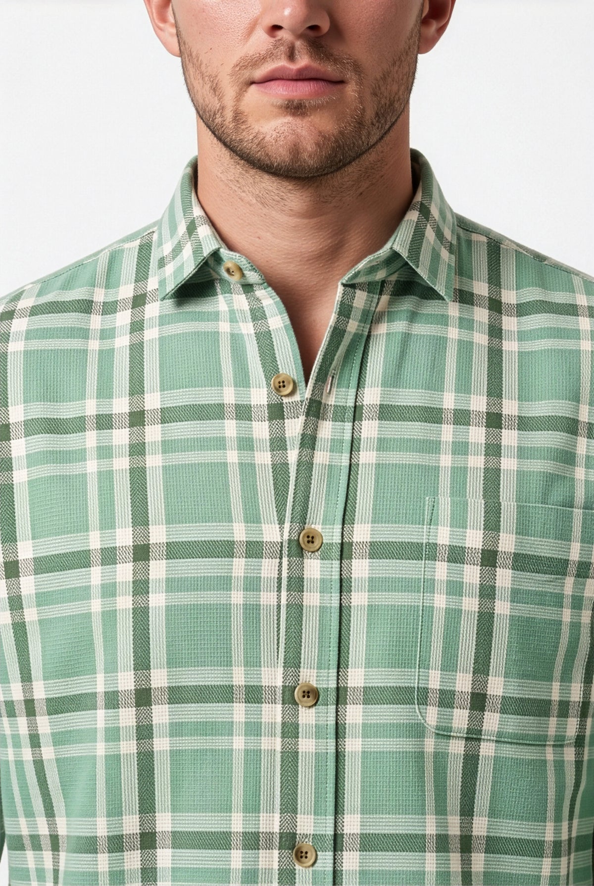 Collar and chest pocket detail of mint green and cream plaid cotton dobby shirt