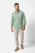 Alternate front view of men's mint green and cream plaid cotton dobby shirt