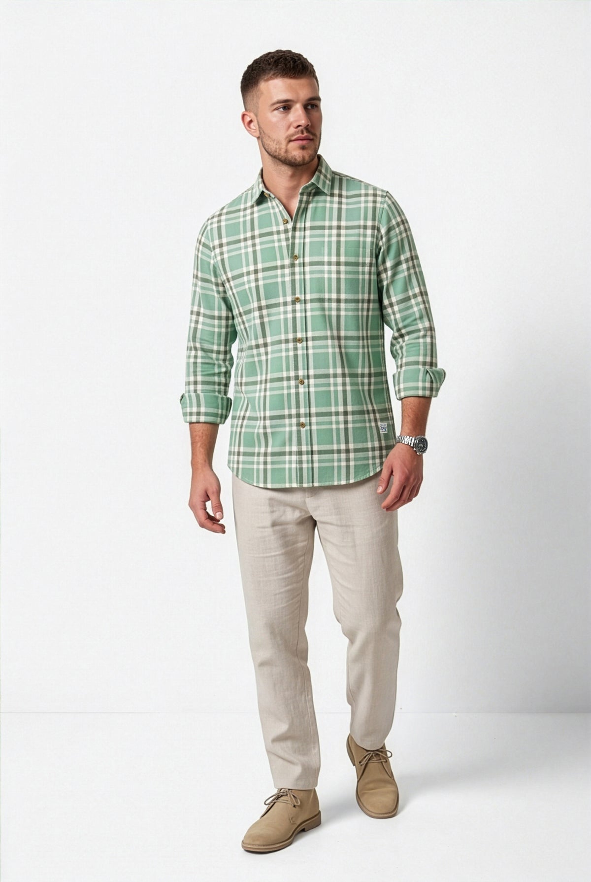 Alternate front view of men's mint green and cream plaid cotton dobby shirt