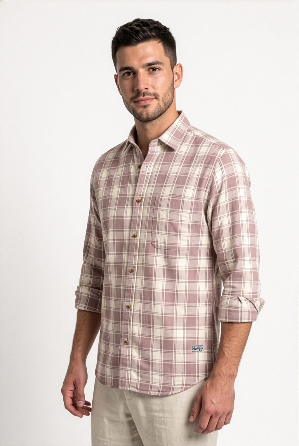 Full-length front view of dusty rose and cream plaid cotton dobby shirt