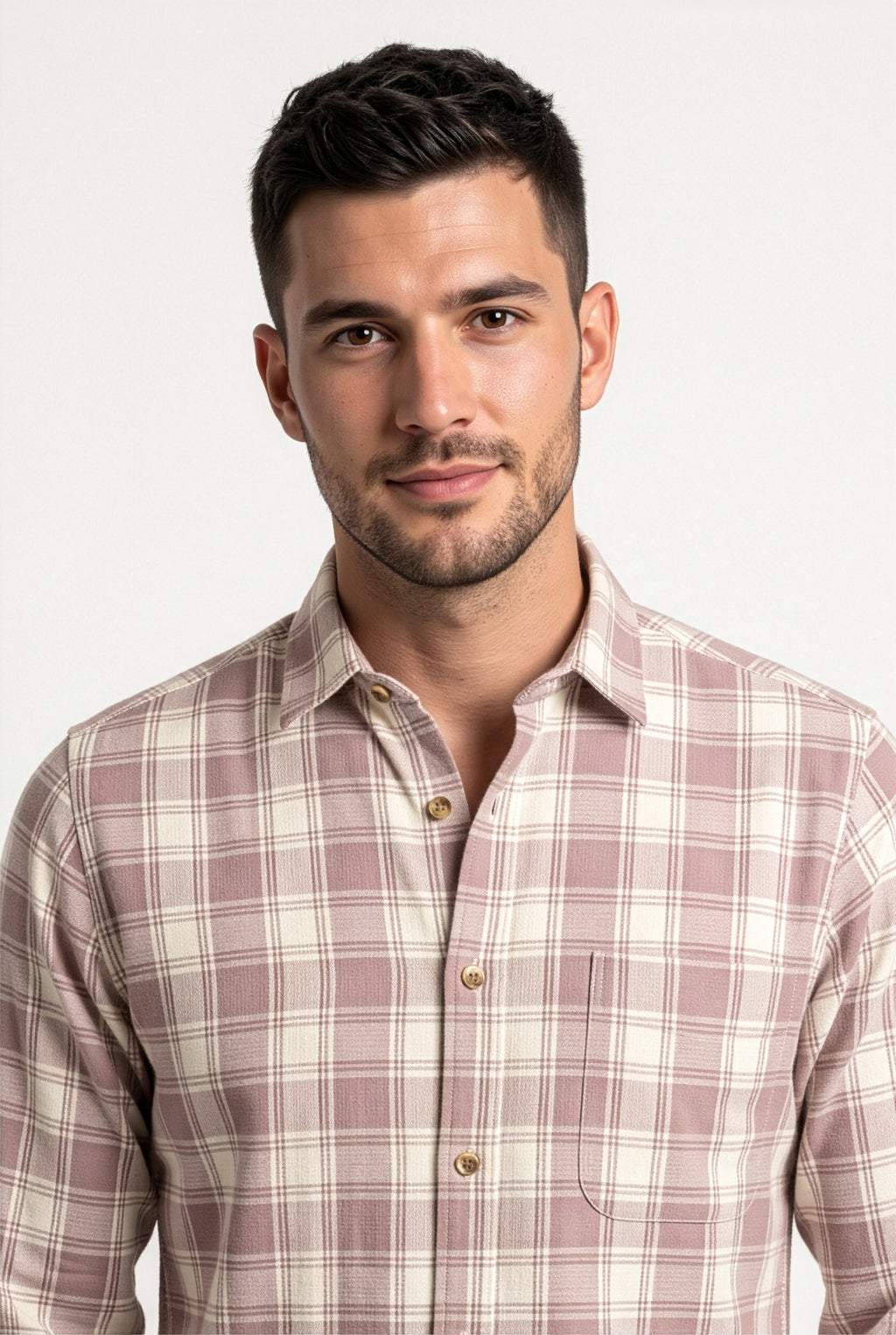 Collar and chest pocket detail of dusty rose and cream plaid cotton dobby shirt