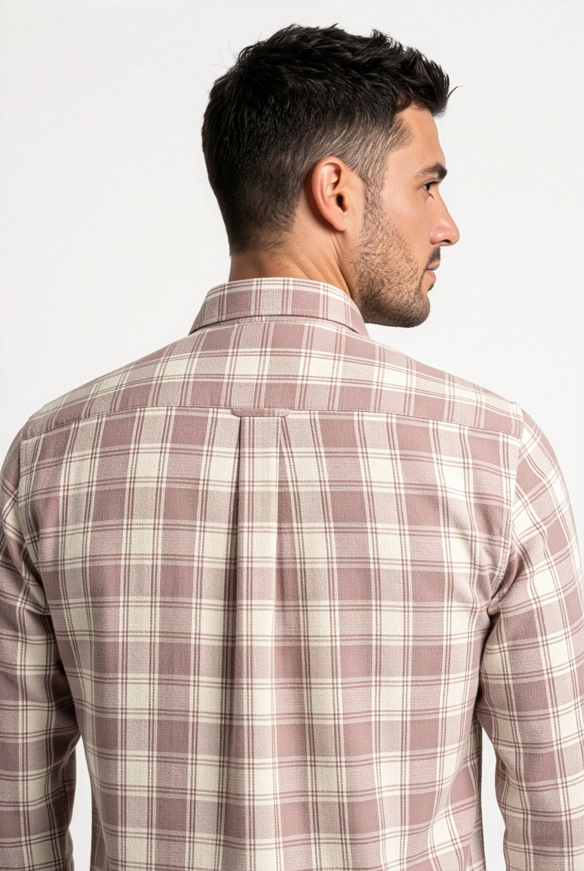 Back yoke and centre pleat detail of dusty rose and cream plaid cotton dobby shirt