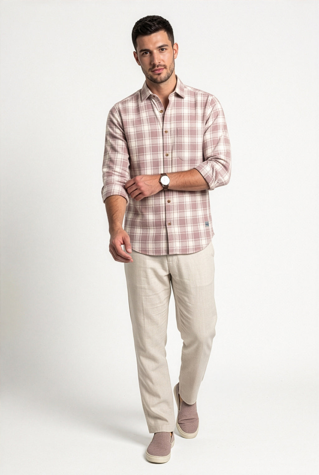 Three-quarter front view of men's dusty rose and cream plaid cotton dobby shirt