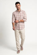 Three-quarter front view of men's dusty rose and cream plaid cotton dobby shirt
