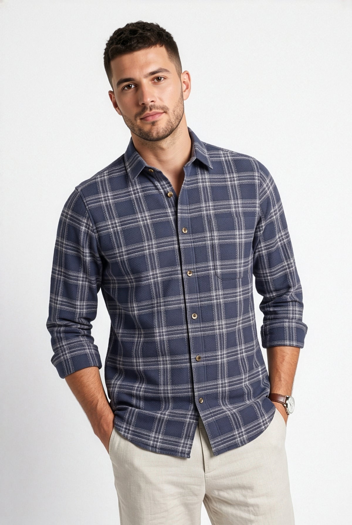 Full-length front view of navy and grey plaid cotton dobby shirt