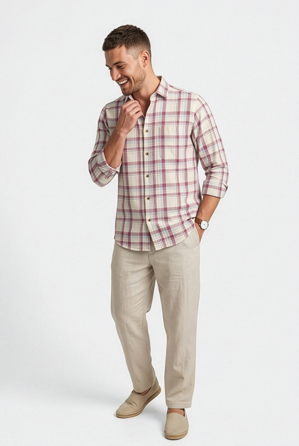 Three-quarter front view of men's cream and mauve plaid cotton dobby shirt