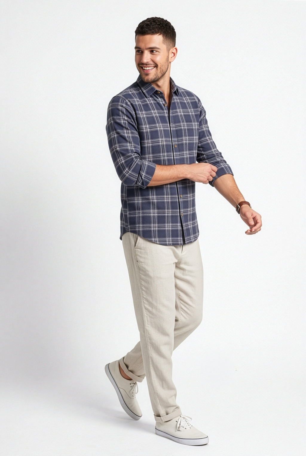 Front view of men's navy and grey plaid cotton dobby shirt