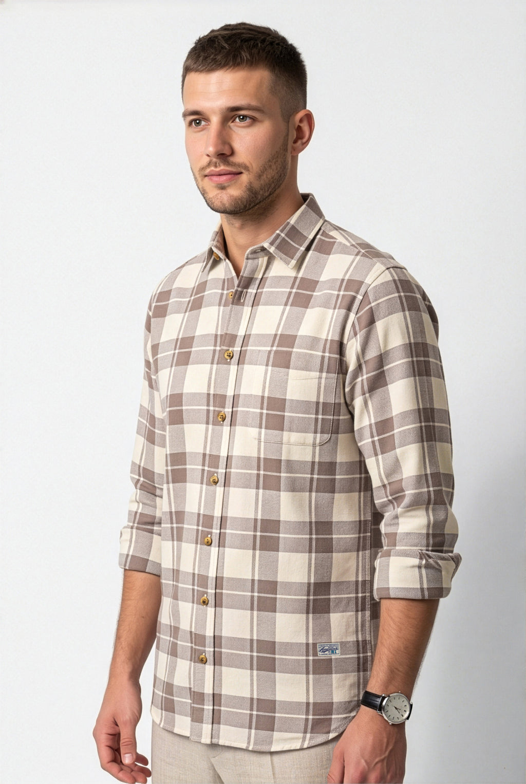Full-length front view of taupe and cream large-check cotton dobby shirt