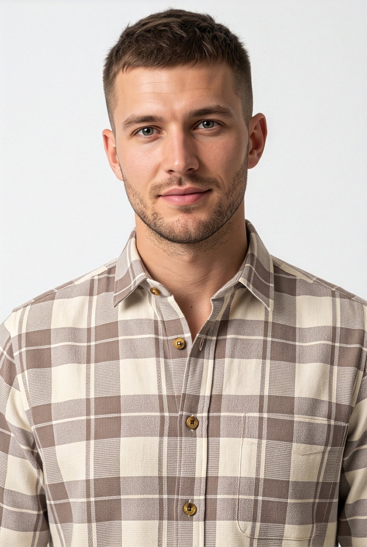 Collar and chest pocket detail of taupe and cream large-check cotton dobby shirt