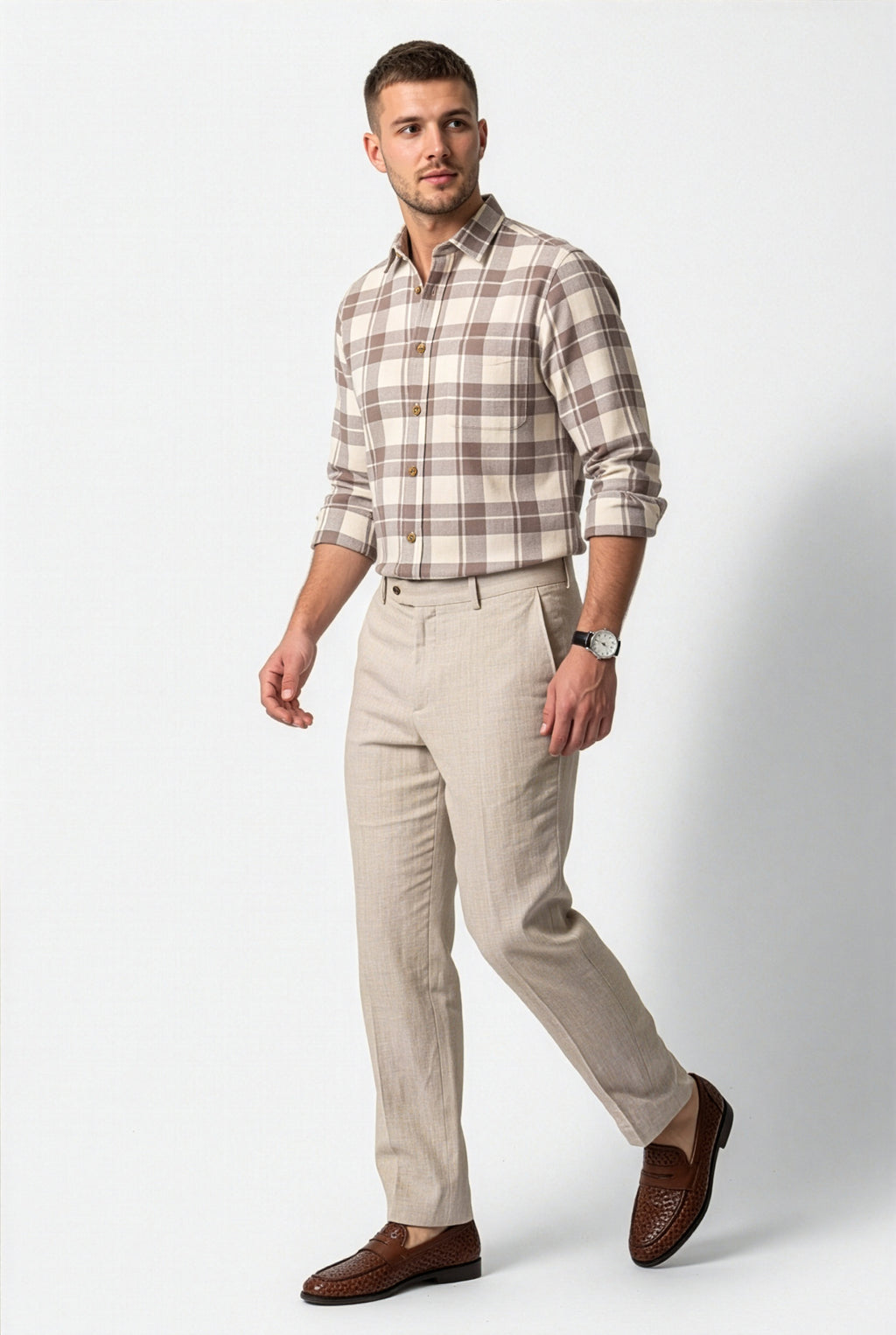 Three-quarter front view of men's taupe and cream large-check cotton dobby shirt