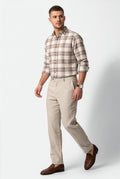 Three-quarter front view of men's taupe and cream large-check cotton dobby shirt